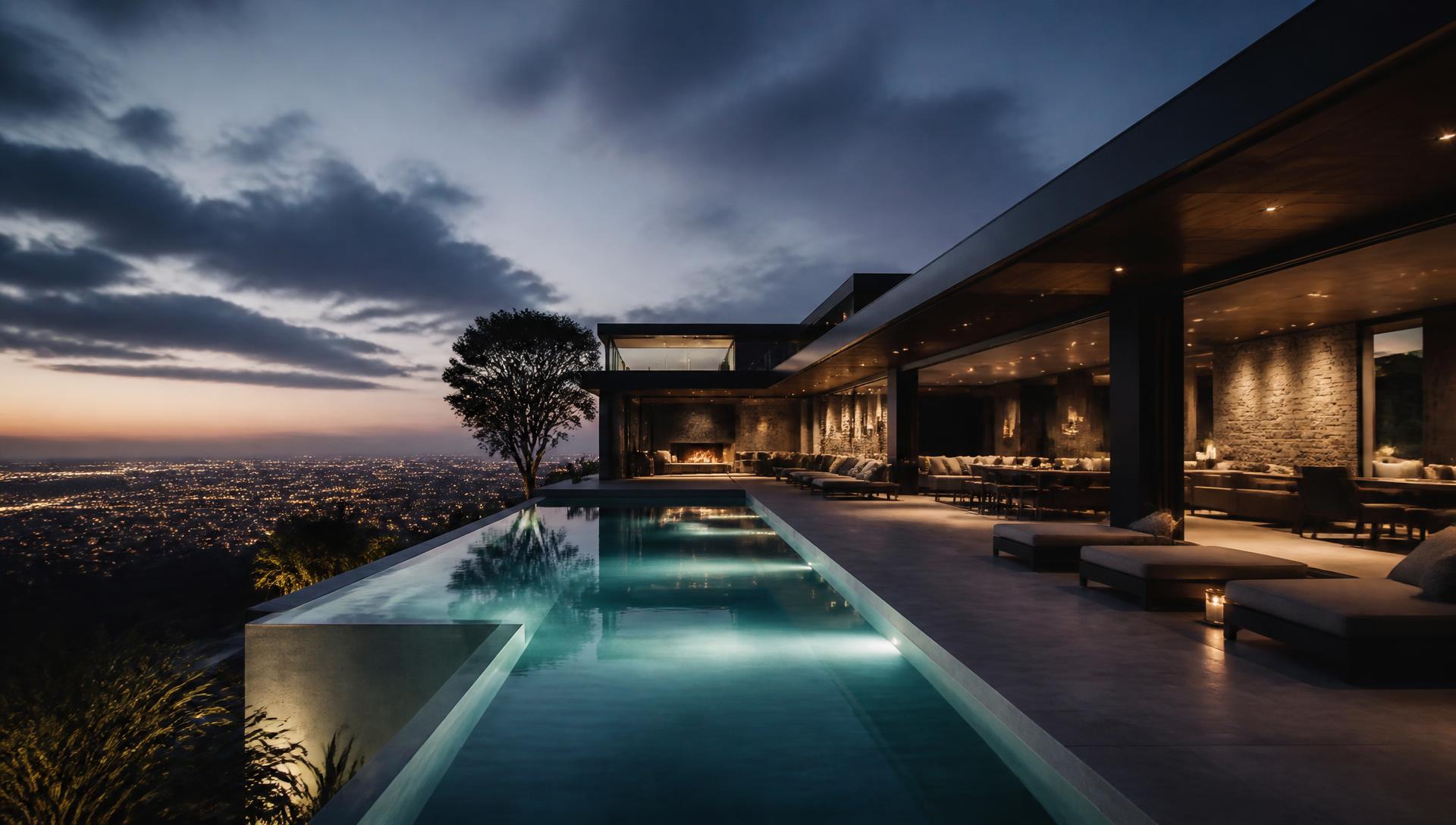 Modern luxury home with infinity pool at twilight