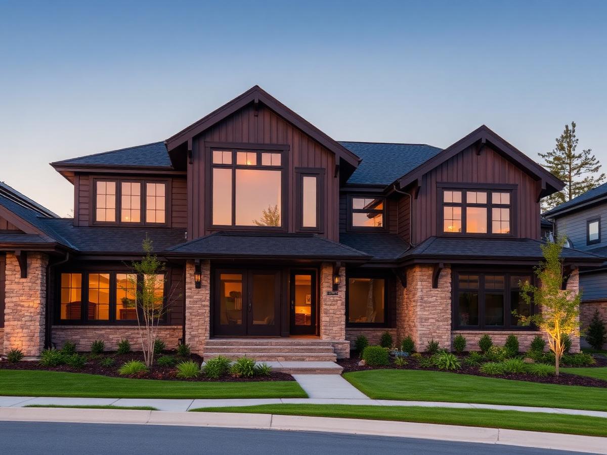 Newly completed custom home exterior at dusk