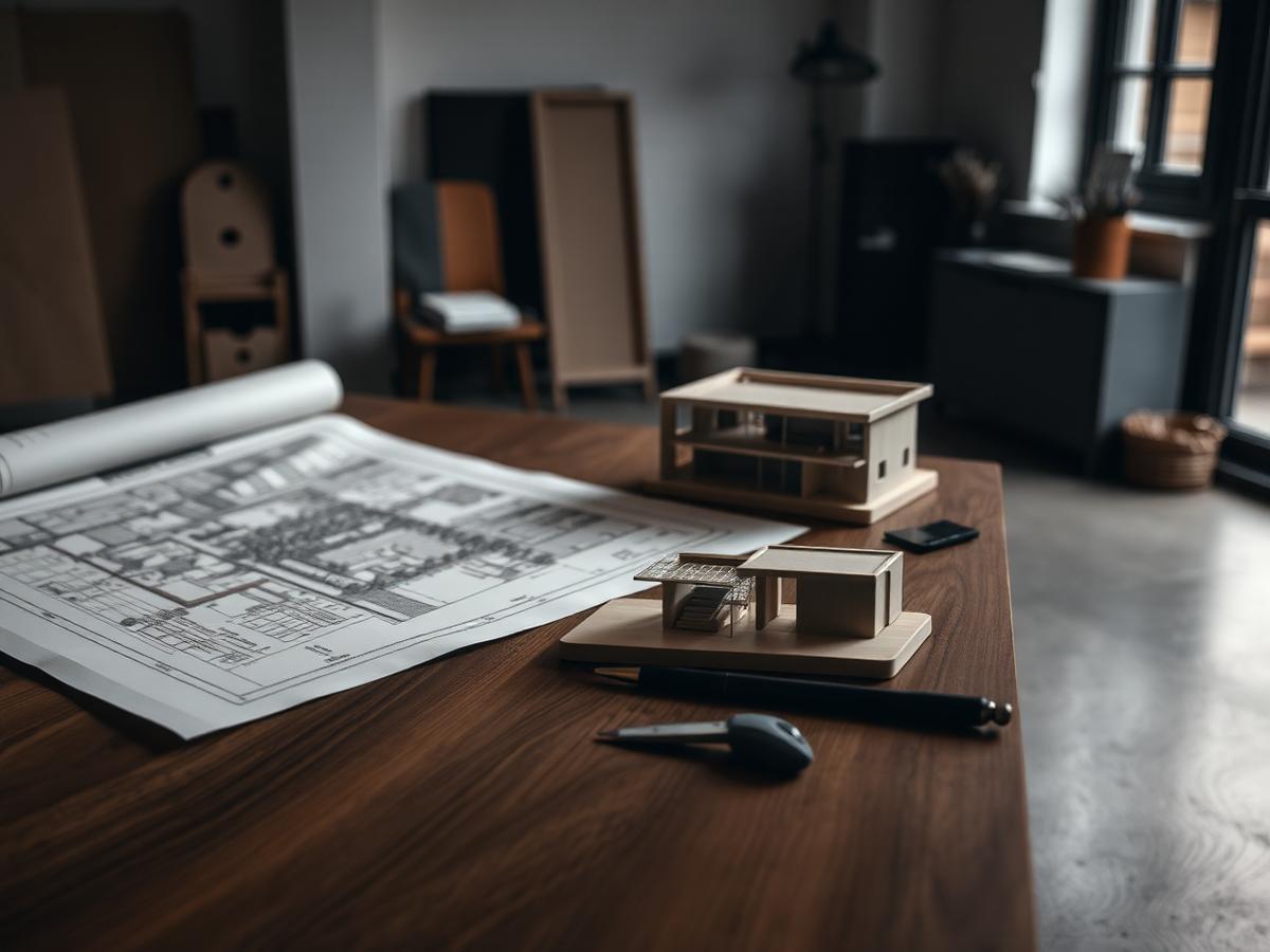Architectural drawings and a scale model on a studio table