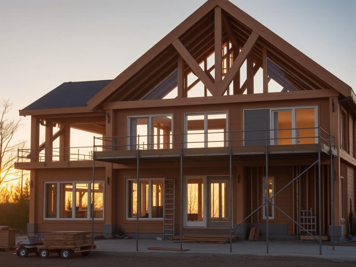 Luxury home under construction at golden hour