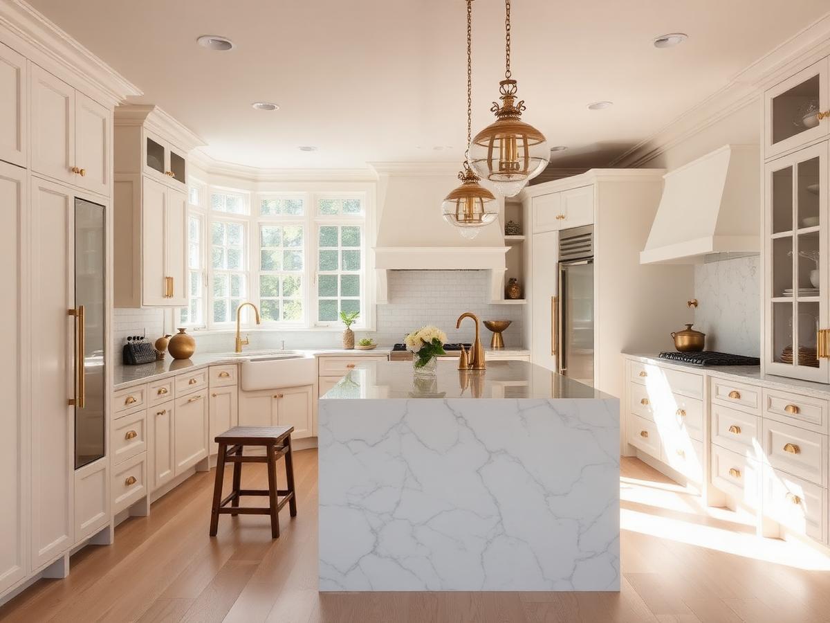 Renovated luxury kitchen with marble island and brass fixtures